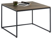 Moderner Beistelltisch mit Holzplatte und schwarzem Metallgestell, seitliche Perspektive
