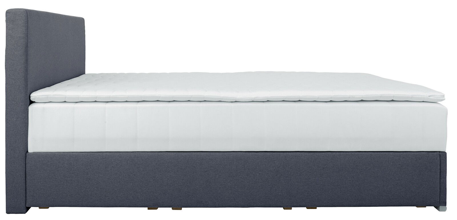 Seitliche Ansicht eines Boxbetts 140 mit grauem Stoffbezug und weißer Matratze.