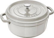 Runde, cremefarbene Cocotte mit Deckel und seitlichen Griffen, Draufsicht