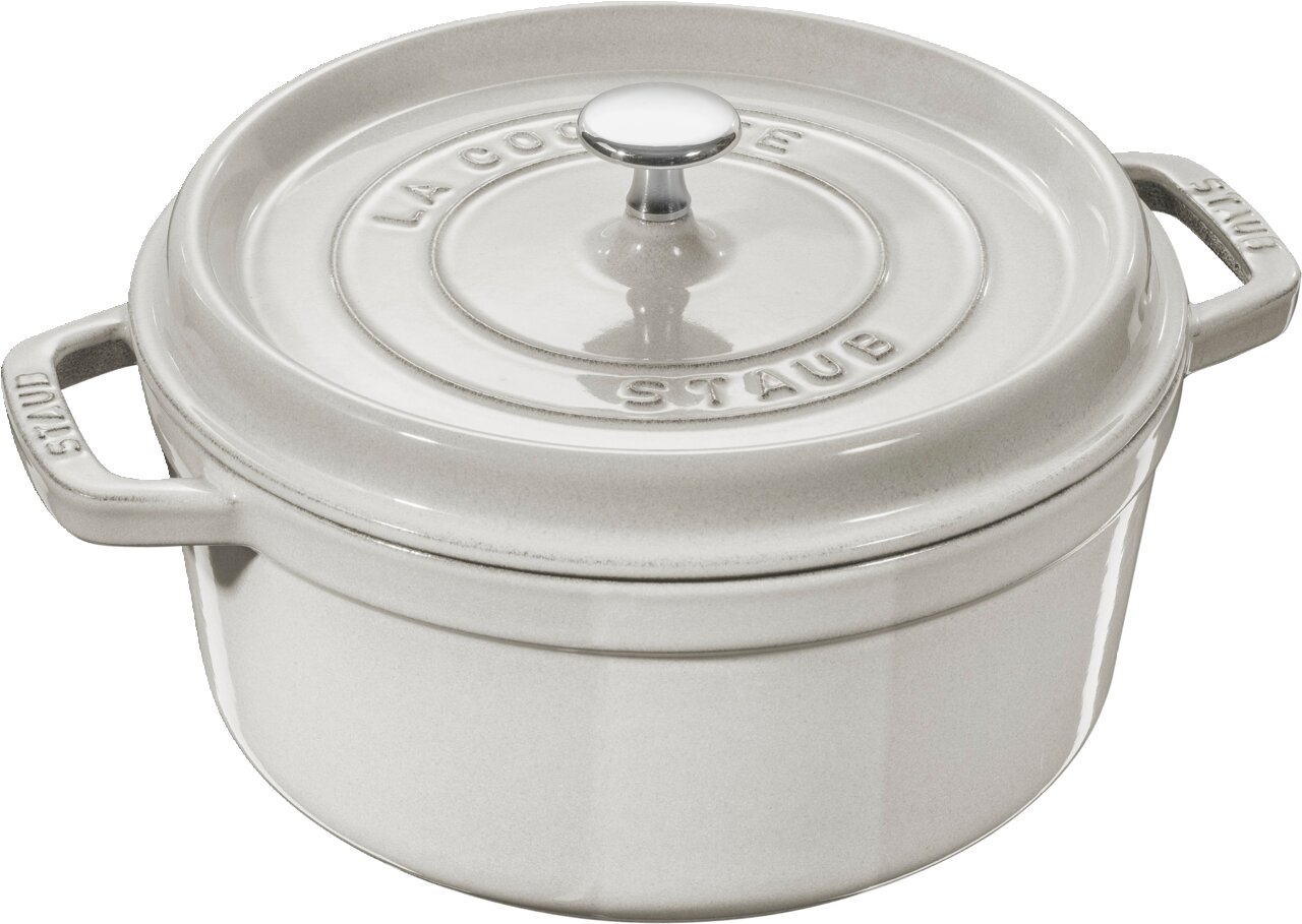 Runde, cremefarbene Cocotte mit Deckel und seitlichen Griffen, Draufsicht