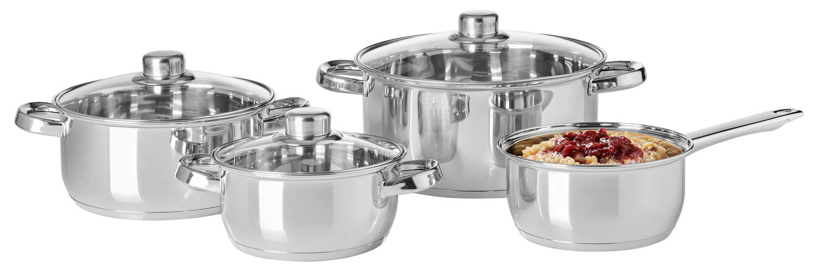 Kochset aus Edelstahl mit vier Töpfen, drei mit Glasdeckeln und einer Stielkasserolle, gefüllt mit Essen, aus seitlicher Perspektive.