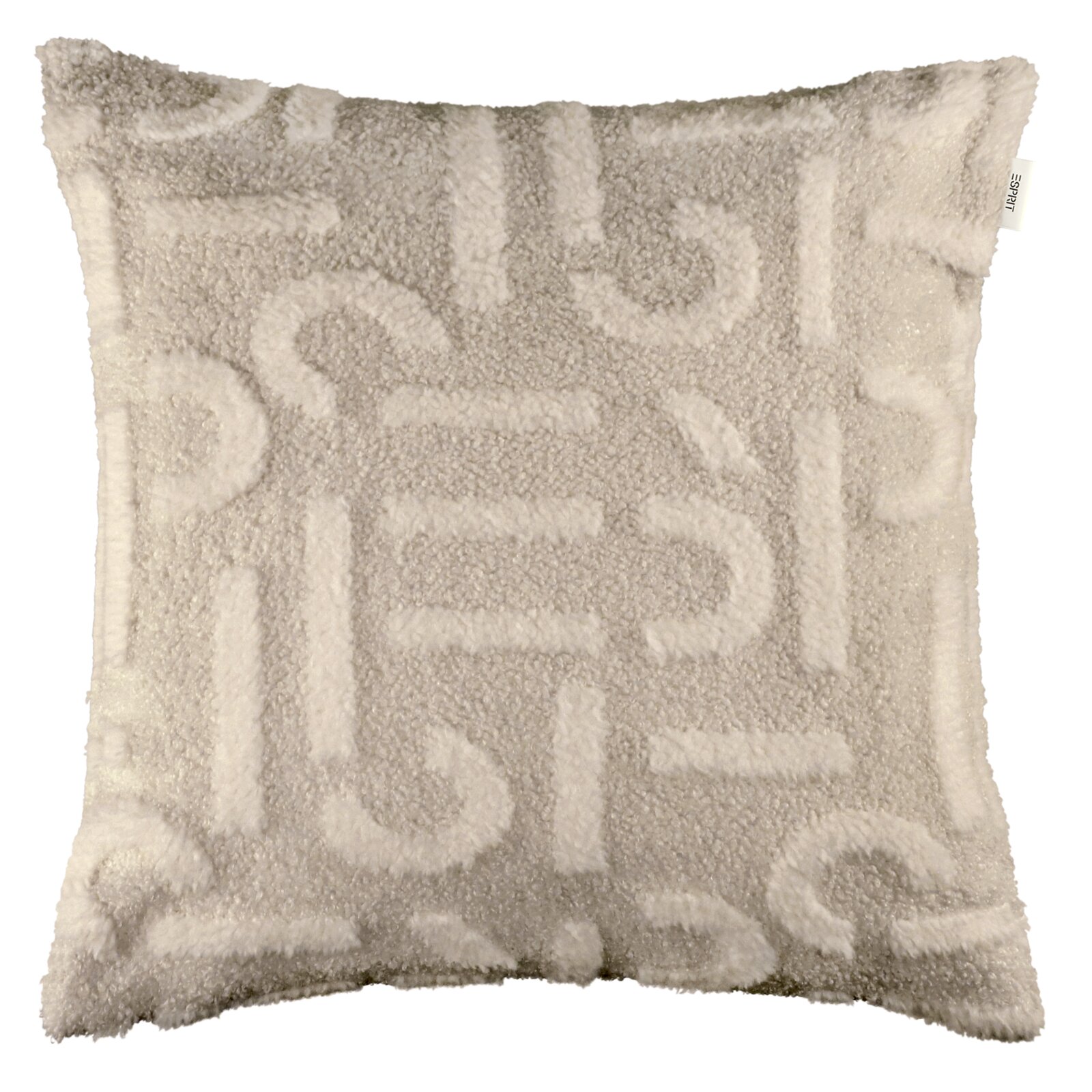 Flauschiges, quadratisches Dekokissen in Grau und Creme mit erhabenem geometrischem Muster, Frontansicht (gerade von vorn)