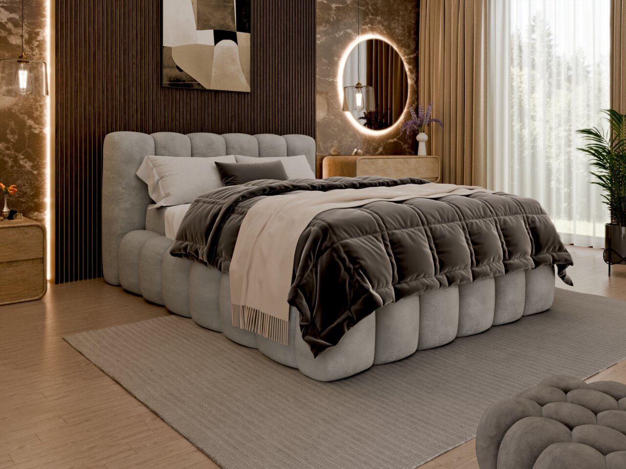 Modernes Polsterbettgestell in einem stilvoll eingerichteten Schlafzimmer, seitliche Perspektive.