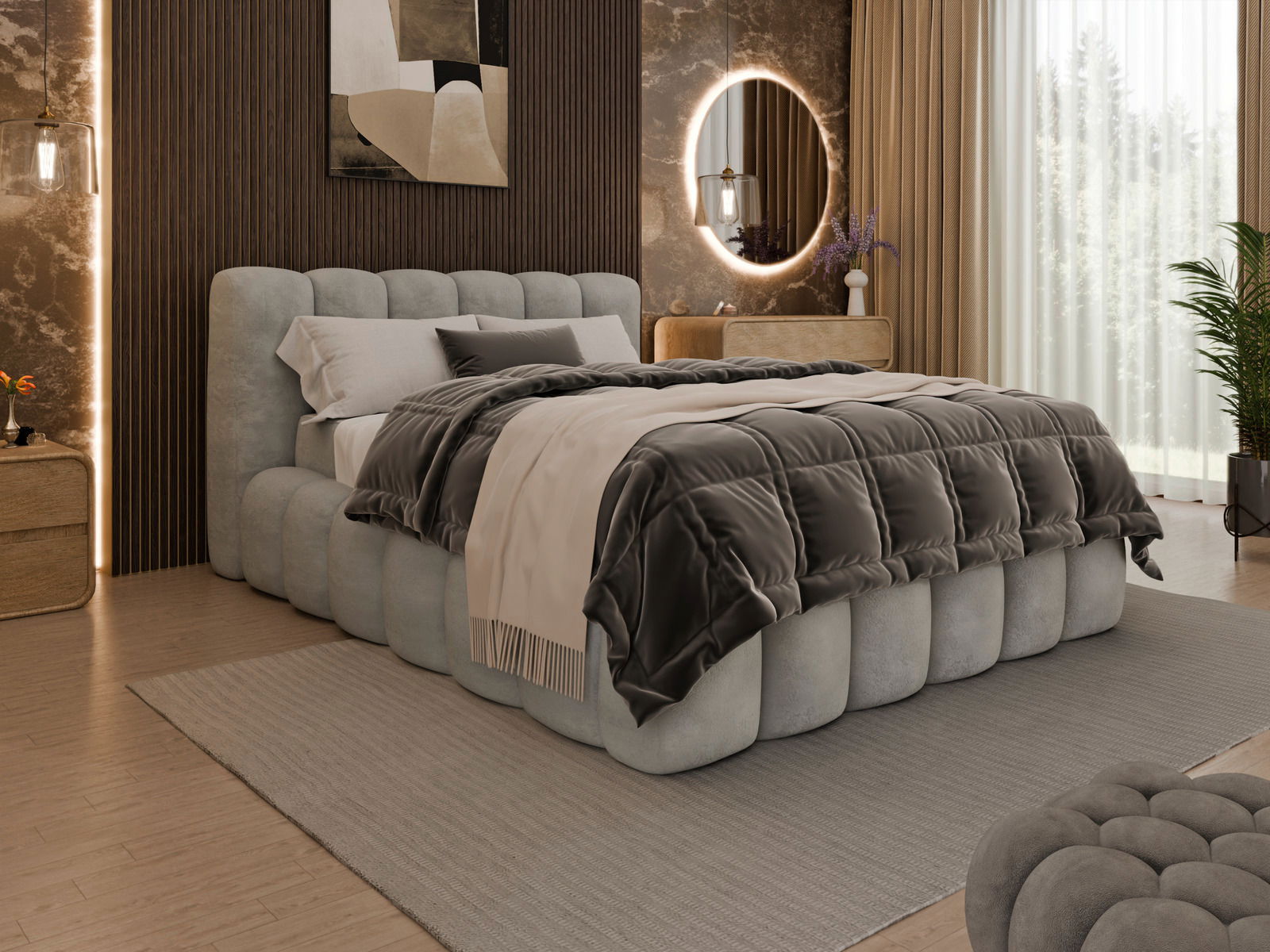 Modernes Polsterbettgestell in einem stilvoll eingerichteten Schlafzimmer, seitliche Perspektive.