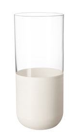 Ein modernes Longdrink-Glas mit klarem oberen Teil und mattem, weißem unteren Teil, seitliche Perspektive.