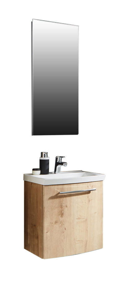 Waschtisch mit Holzunterschrank und Spiegel, frontale Ansicht