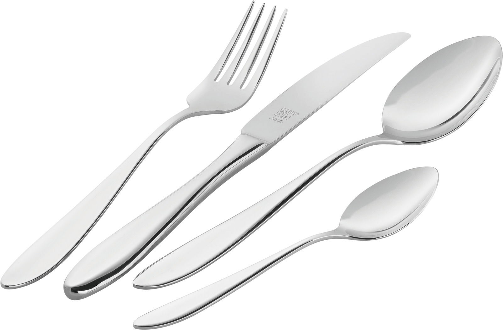 Elegantes Besteckset aus Edelstahl, bestehend aus Gabel, Messer, Esslöffel und Teelöffel, in seitlicher Perspektive.