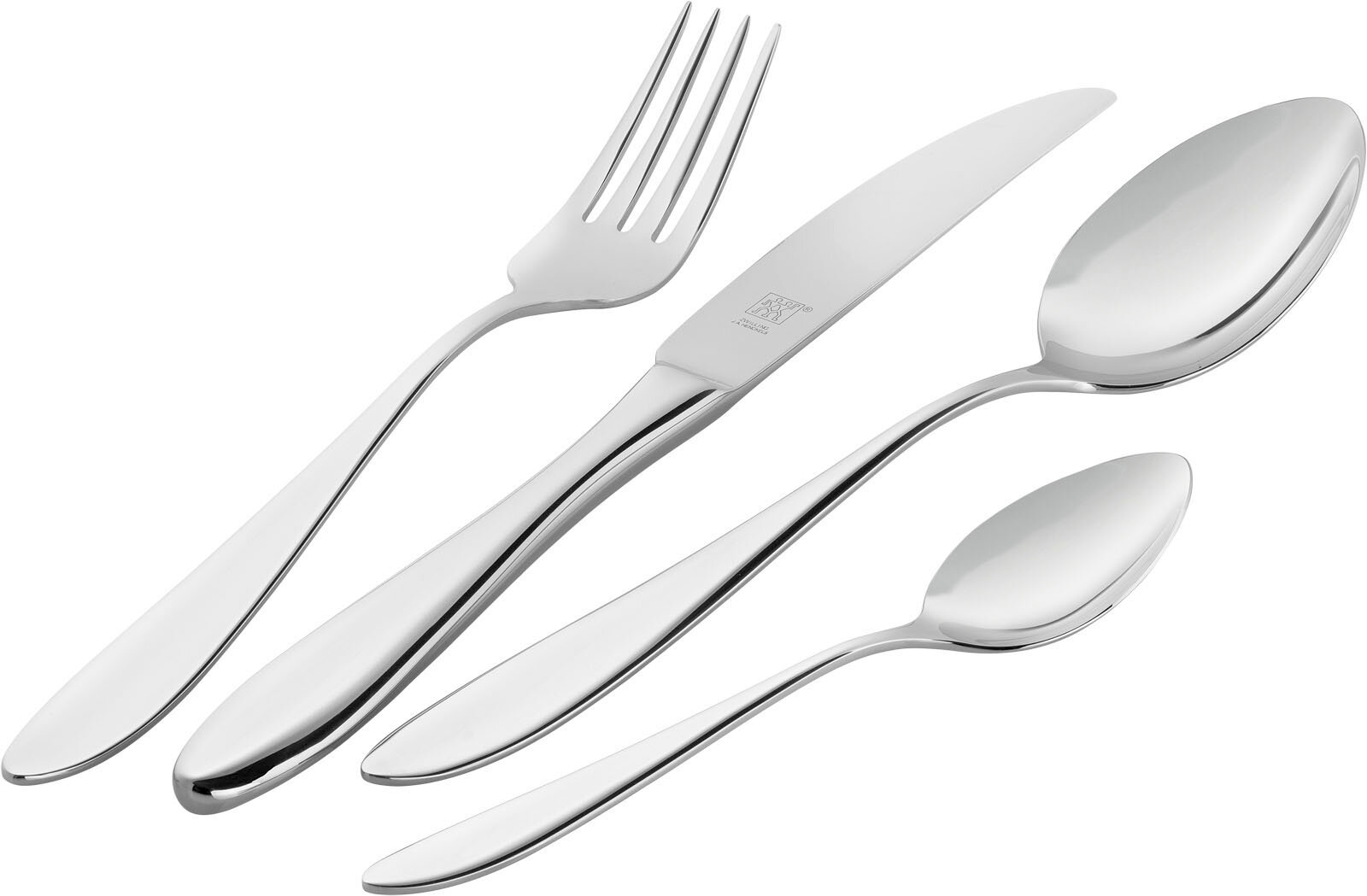 Elegantes Besteckset aus Edelstahl, bestehend aus Gabel, Messer, Esslöffel und Teelöffel, in seitlicher Perspektive.