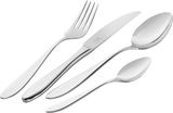 Elegantes Besteckset aus Edelstahl, bestehend aus Gabel, Messer, Esslöffel und Teelöffel, in seitlicher Perspektive.