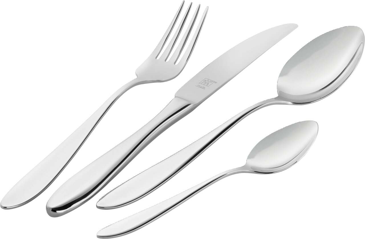 Elegantes Besteckset aus Edelstahl, bestehend aus Gabel, Messer, Esslöffel und Teelöffel, in seitlicher Perspektive.