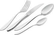 Elegantes Besteckset aus Edelstahl, bestehend aus Gabel, Messer, Esslöffel und Teelöffel, in seitlicher Perspektive.