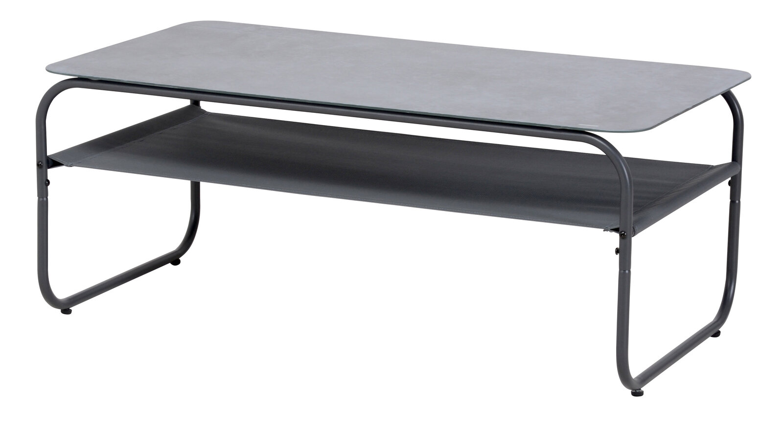 Moderner rechteckiger Couchtisch mit Glasplatte und Metallrahmen, seitliche Perspektive