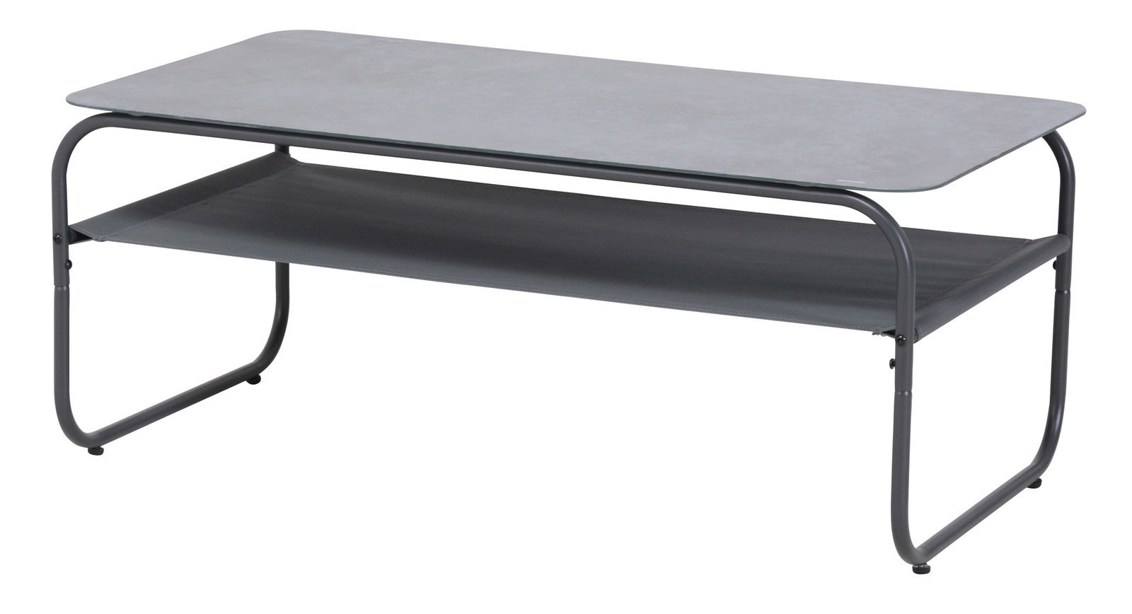 Moderner rechteckiger Couchtisch mit Glasplatte und Metallrahmen, seitliche Perspektive