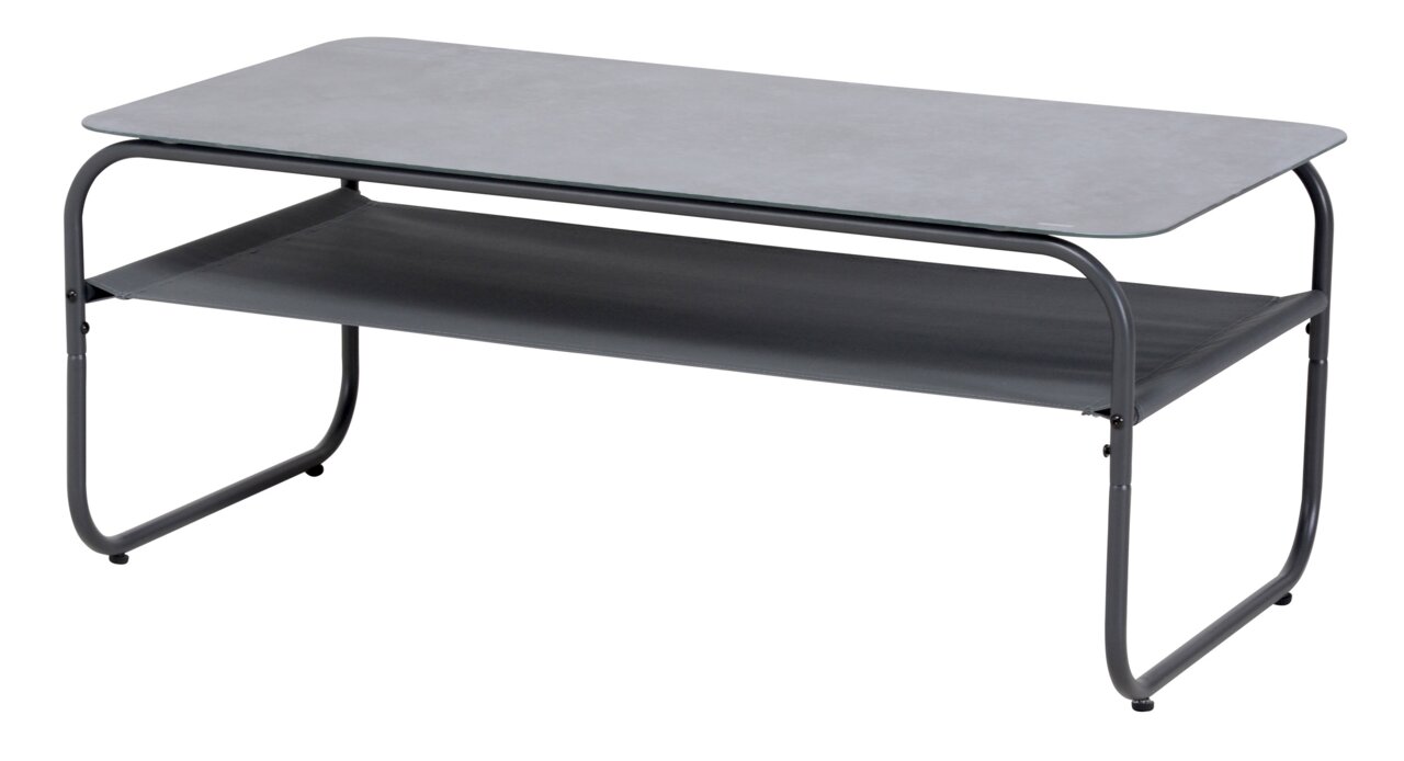 Moderner rechteckiger Couchtisch mit Glasplatte und Metallrahmen, seitliche Perspektive
