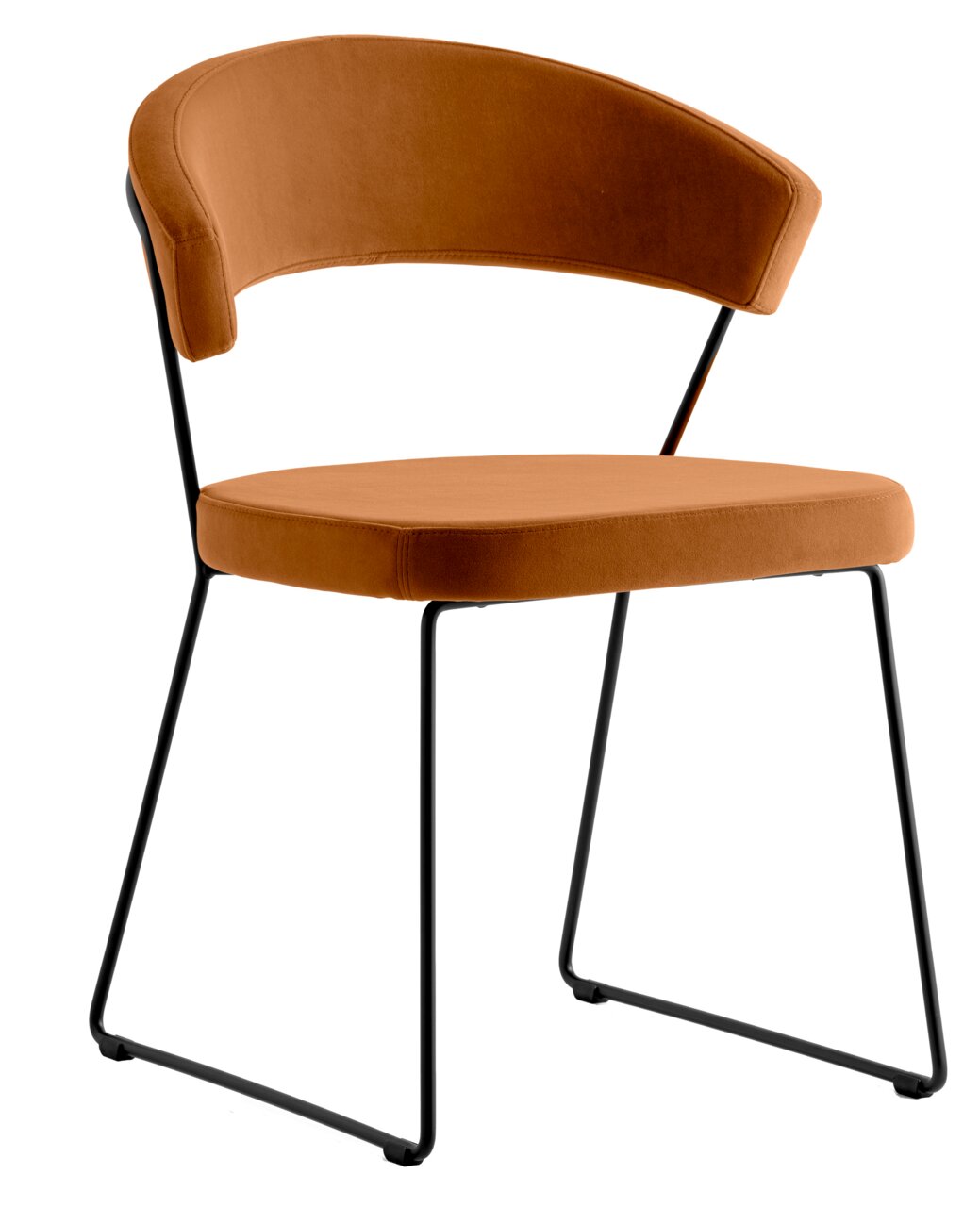 Moderner Stuhl mit braunem Polster und schwarzem Metallgestell, seitliche Perspektive