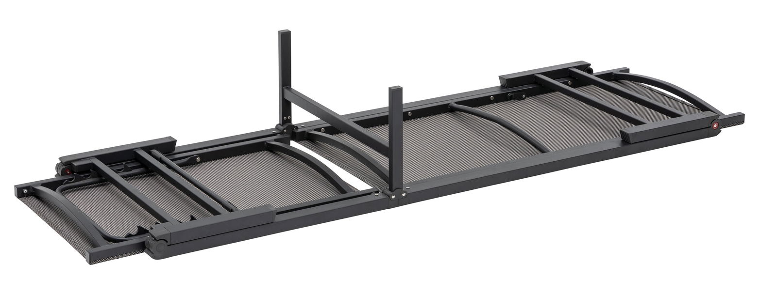 Zusammengeklappte Gartenliege aus Metall, seitliche Perspektive