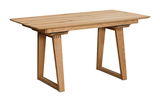 Moderner Esstisch aus Holz mit rechteckiger Tischplatte und schrägen Beinen, seitliche Perspektive