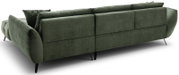 Rückansicht eines modernen, olivgrünen Stoffsofas mit abgerundeten Armlehnen, losen Rückenkissen und schlanken schwarzen Metallfüßen, fotografiert aus schräger Perspektive von hinten links.