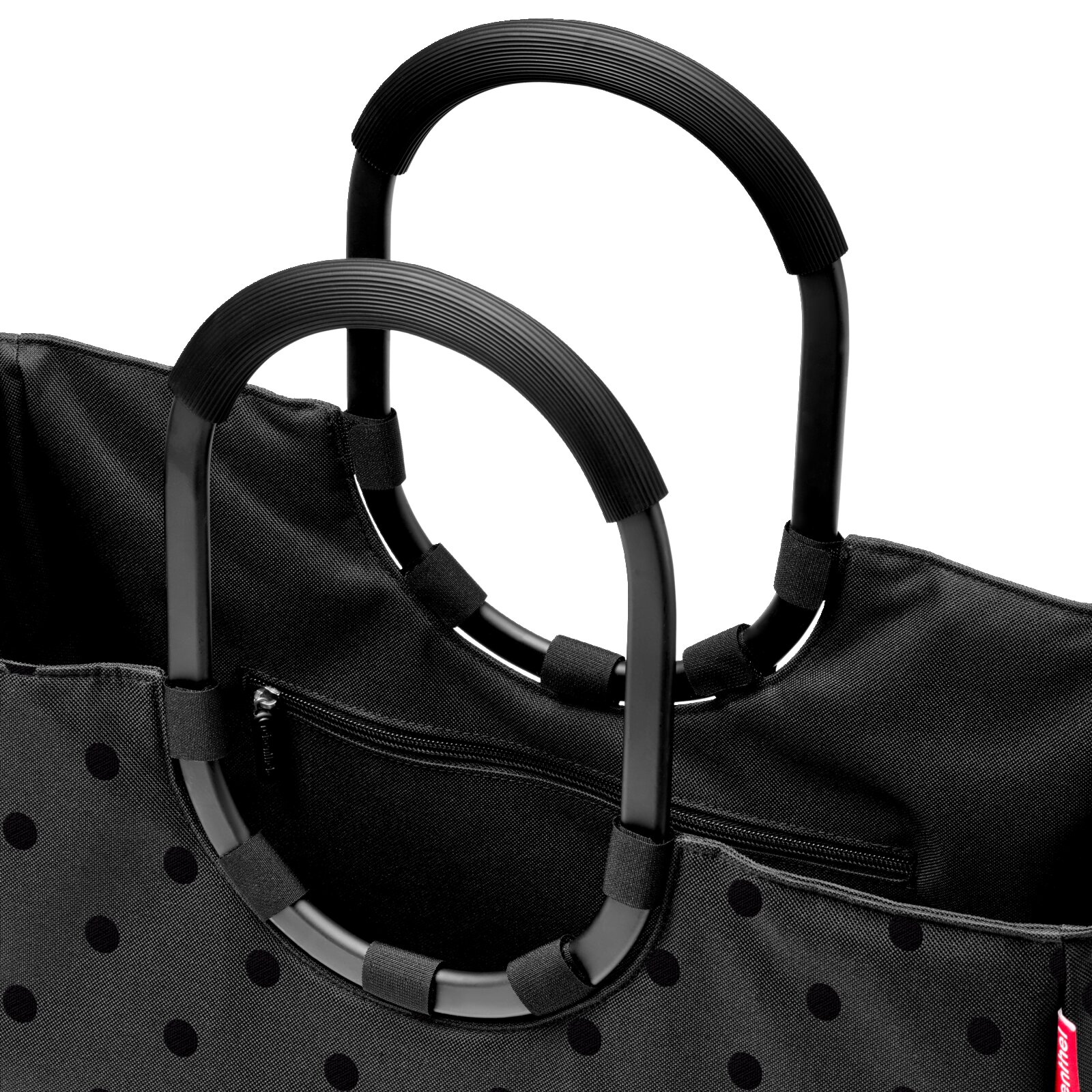 Nahaufnahme einer schwarzen Tasche mit glänzenden Punkten und robusten, ovalen Griffen. Die Perspektive zeigt die obere Hälfte der Tasche mit Fokus auf die Griffe und den Reißverschluss.