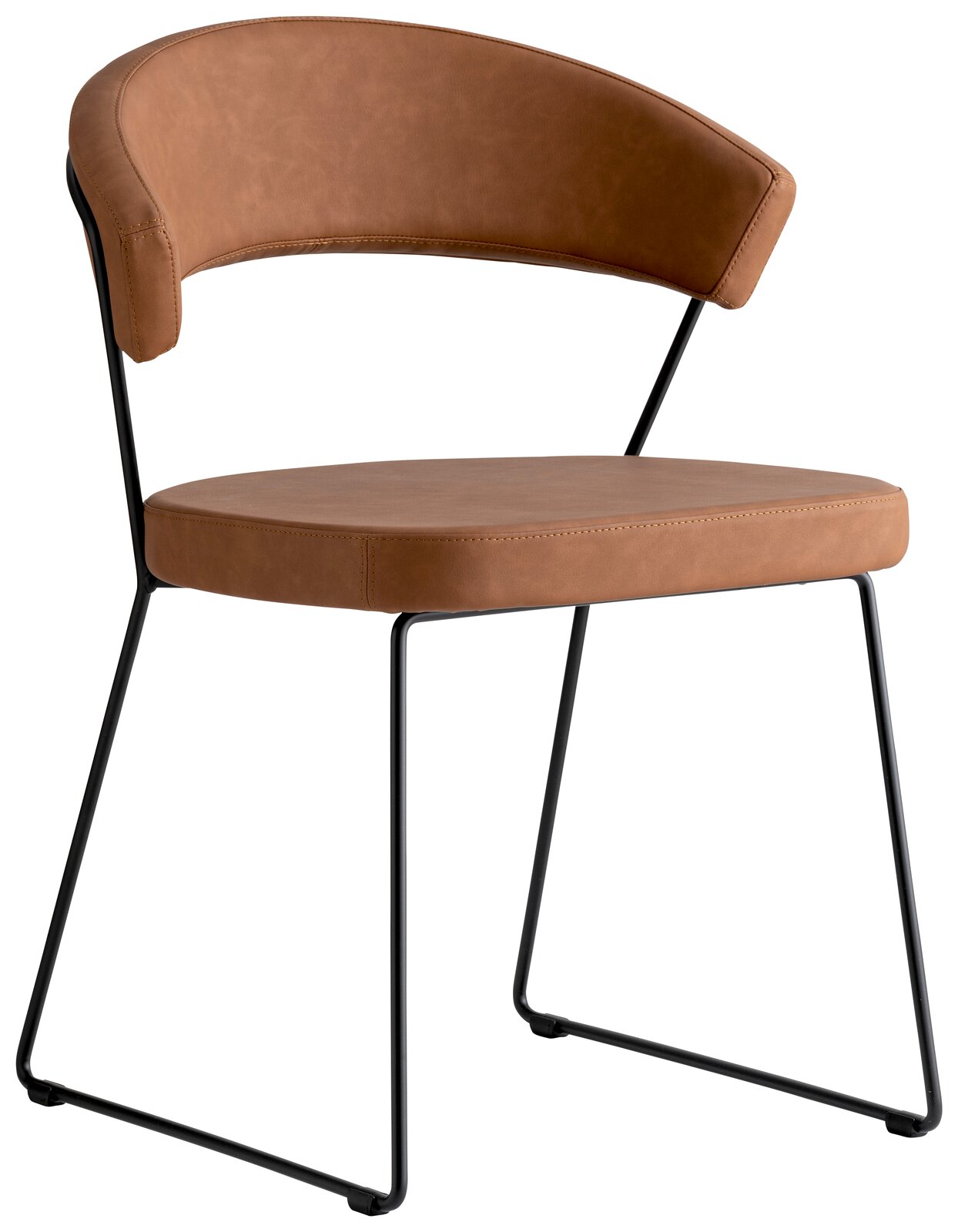 Moderner Stuhl mit braunem Lederbezug und schwarzem Metallgestell, seitliche Perspektive