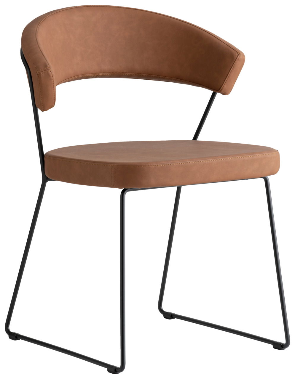 Moderner Stuhl mit braunem Lederbezug und schwarzem Metallgestell, seitliche Perspektive