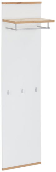 Garderobenpaneel in Weiß mit Holzdetails, seitliche Perspektive