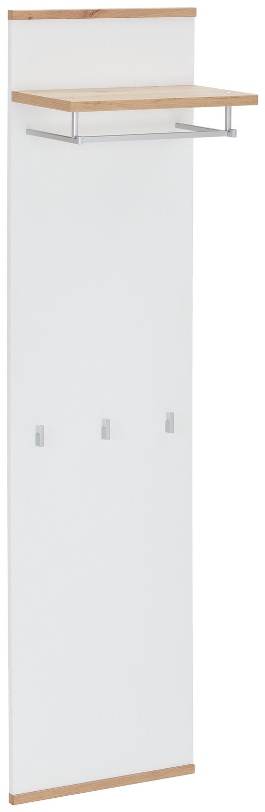 Garderobenpaneel in Weiß mit Holzdetails, seitliche Perspektive