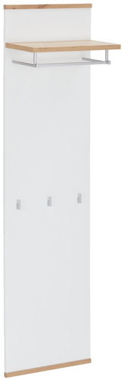Garderobenpaneel in Weiß mit Holzdetails, seitliche Perspektive