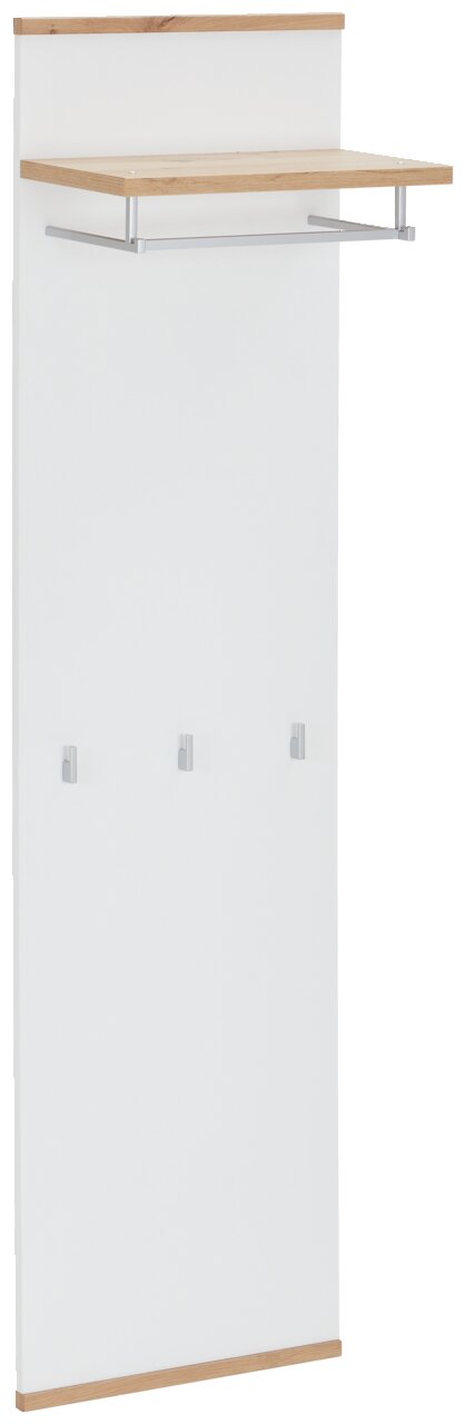 Garderobenpaneel in Weiß mit Holzdetails, seitliche Perspektive