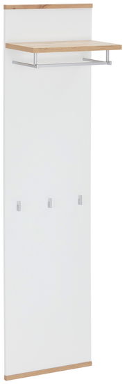 Garderobenpaneel in Weiß mit Holzdetails, seitliche Perspektive