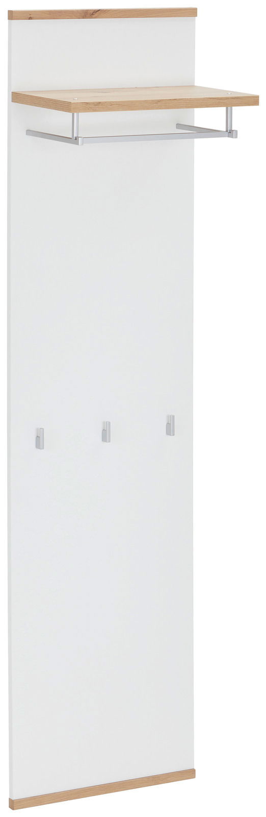 Garderobenpaneel in Weiß mit Holzdetails, seitliche Perspektive