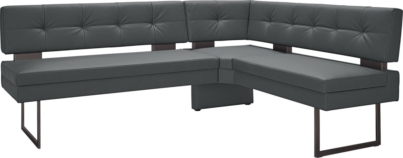 Moderne Eckbank in dunklem Leder mit Metallbeinen, seitliche Perspektive