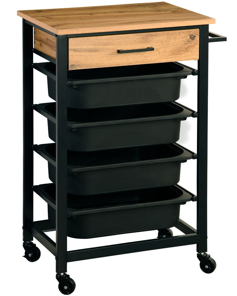 Küchenwagen mit Holzplatte, schwarzem Metallrahmen und vier schwarzen Schubladen, seitliche Perspektive