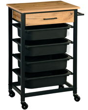 Küchenwagen mit Holzplatte, schwarzem Metallrahmen und vier schwarzen Schubladen, seitliche Perspektive