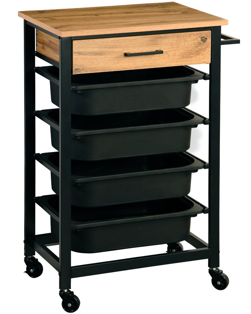 Küchenwagen mit Holzplatte, schwarzem Metallrahmen und vier schwarzen Schubladen, seitliche Perspektive