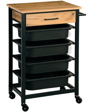 Küchenwagen mit Holzplatte, schwarzem Metallrahmen und vier schwarzen Schubladen, seitliche Perspektive