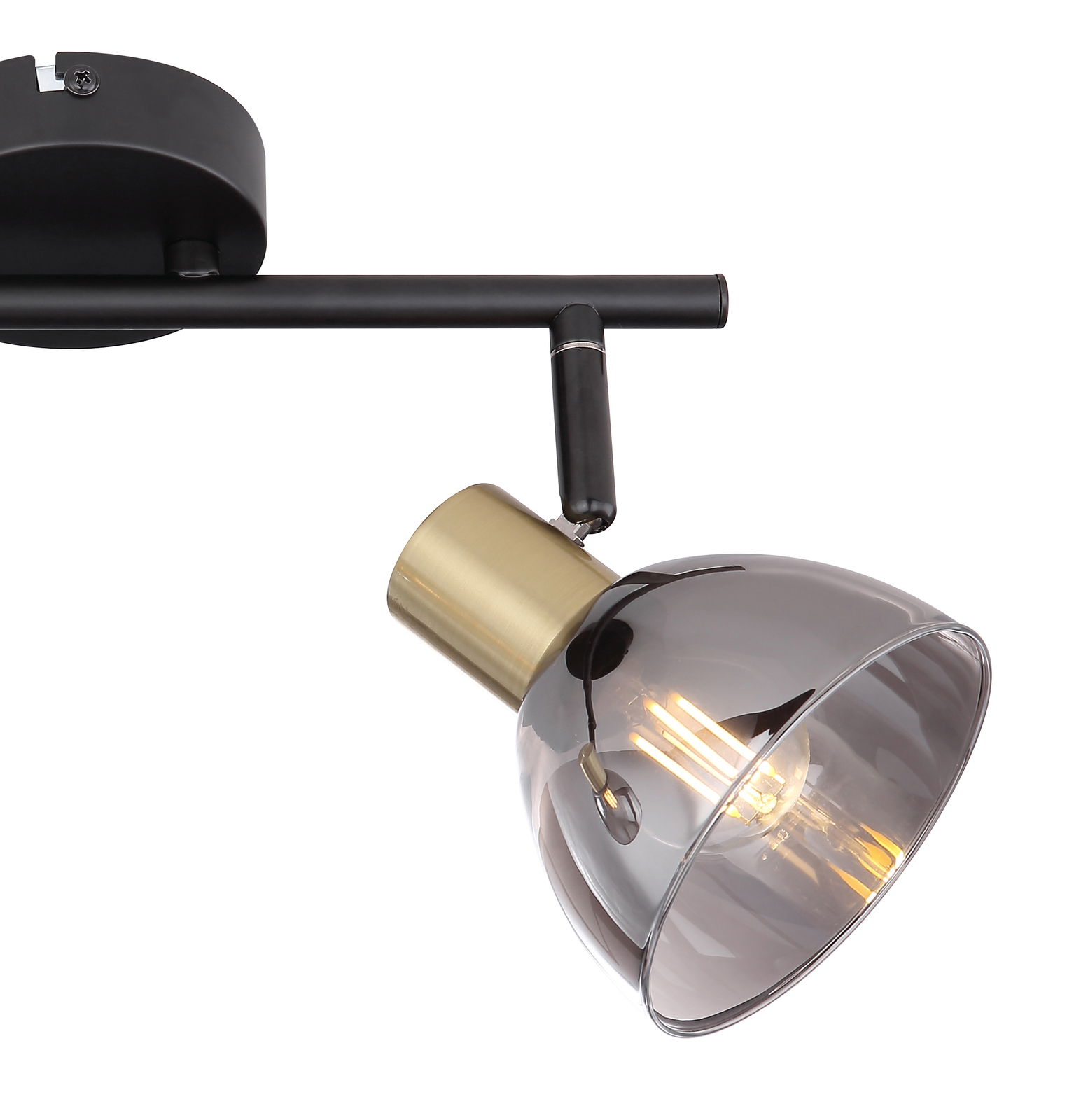 Moderner Strahler aus schwarzem Metall mit einem schwenkbaren, rauchgrauen Glasschirm und goldfarbenem Akzent, seitliche Perspektive.