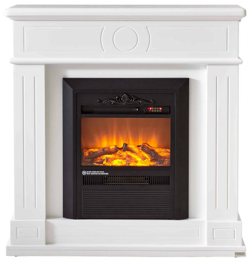 Weißer Elektrokamin mit schwarzem Einsatz und realistisch wirkendem Flammeneffekt, Frontalansicht