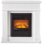Weißer Elektrokamin mit schwarzem Einsatz und realistisch wirkendem Flammeneffekt, Frontalansicht