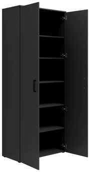 Schwarzer Mehrzweckschrank mit zwei geöffneten Türen und mehreren Regalböden, seitliche Perspektive