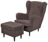 Brauner Ohrensessel mit passendem Hocker, Vorderansicht