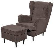 Brauner Ohrensessel mit passendem Hocker, Vorderansicht