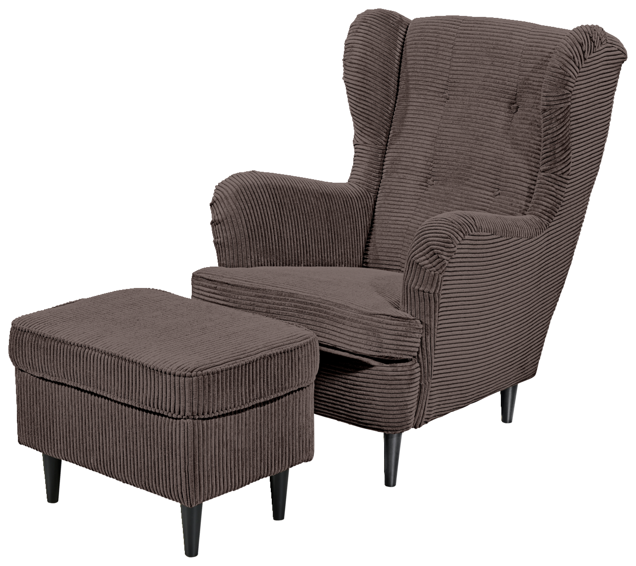 Brauner Ohrensessel mit passendem Hocker, Vorderansicht