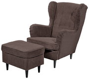 Brauner Ohrensessel mit passendem Hocker, Vorderansicht