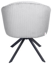 Rückansicht eines grauen Armlehnstuhls mit geripptem Stoffbezug und schwarzem Metallgestell