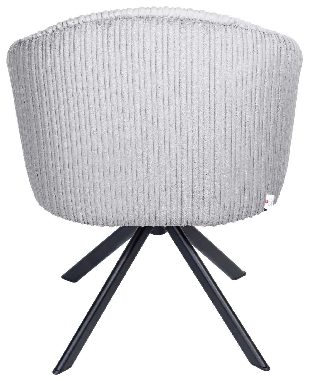 Rückansicht eines grauen Armlehnstuhls mit geripptem Stoffbezug und schwarzem Metallgestell