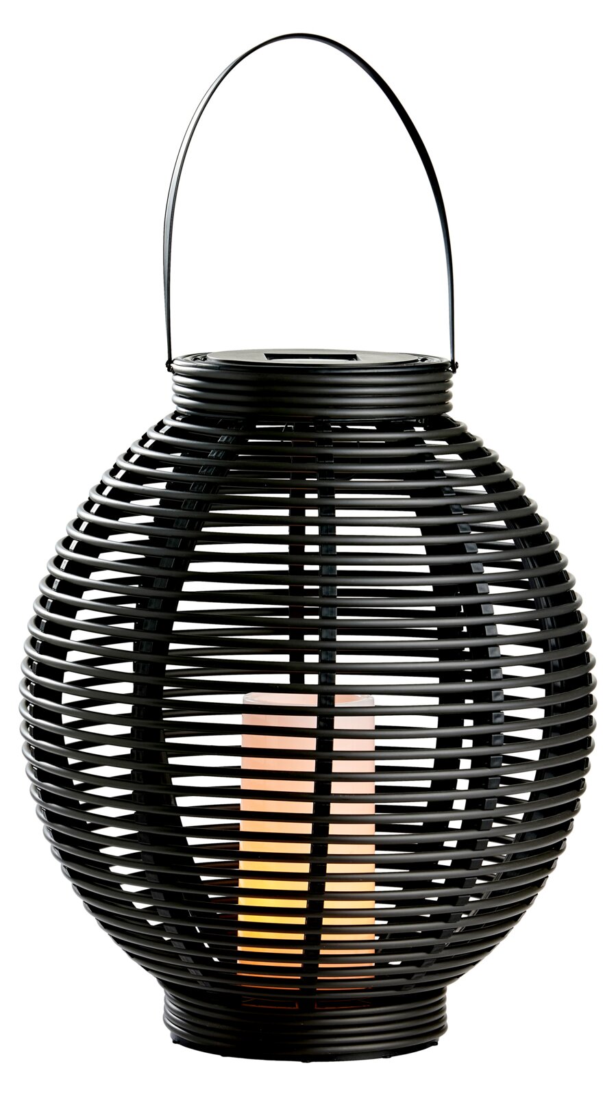 Kynast Exclusive Zonnelantaarn Solar Laterne in Rattan-Optik mit schwarzem, runden Design und integriertem Griff, seitliche Perspektive