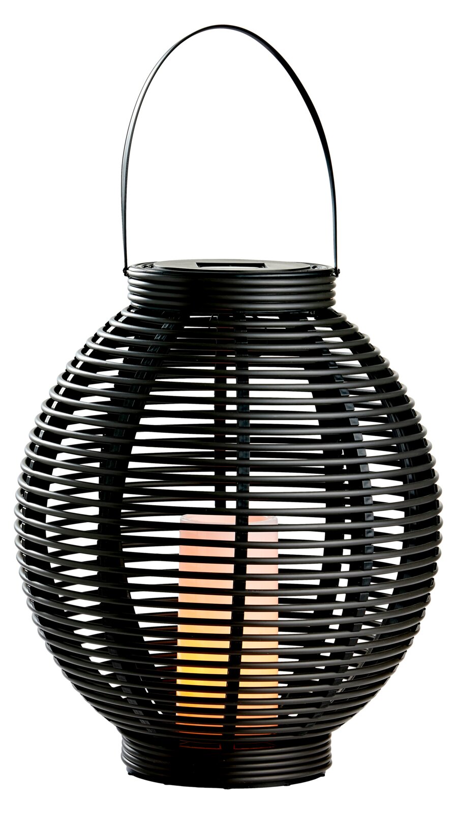 Solar Laterne in Rattan-Optik mit schwarzem, runden Design und integriertem Griff, seitliche Perspektive