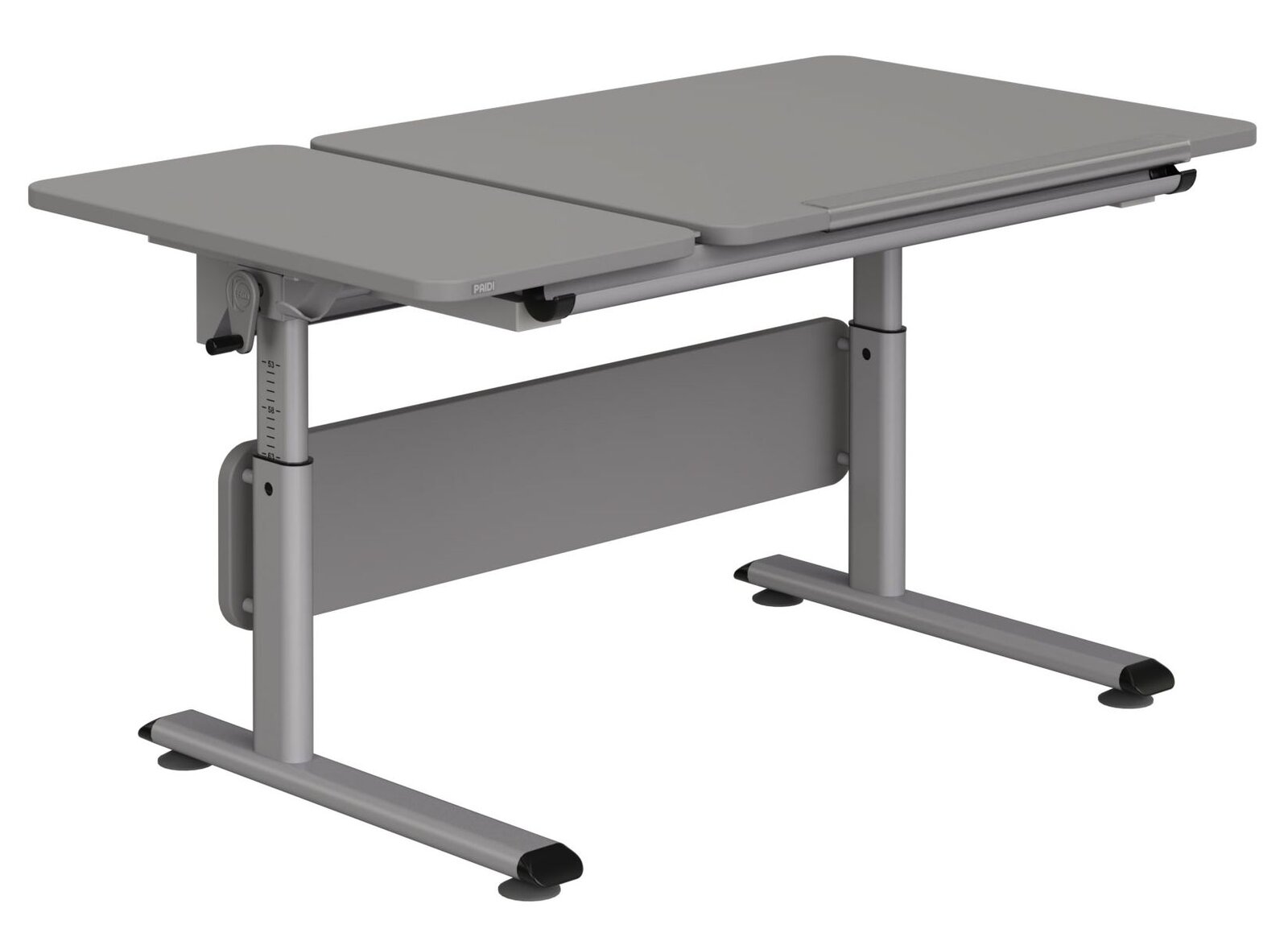 Moderner höhenverstellbarer Schreibtisch in grauer Farbe, seitliche Perspektive