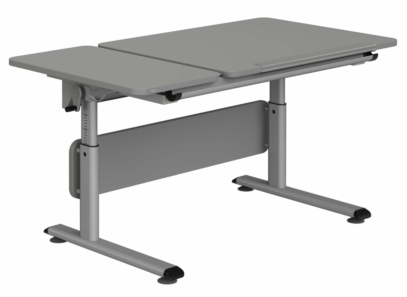 Moderner höhenverstellbarer Schreibtisch in grauer Farbe, seitliche Perspektive